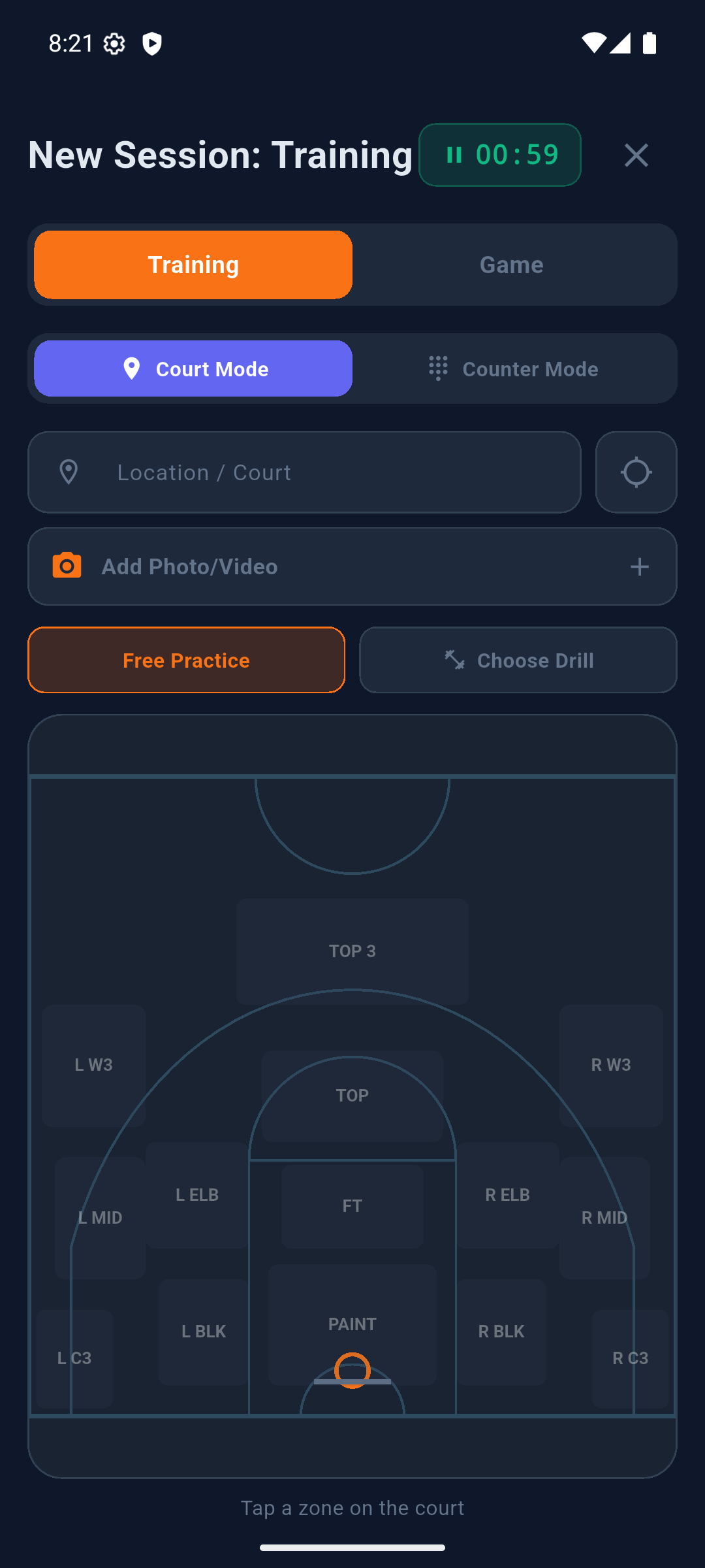 Hoop session tracker with the court map